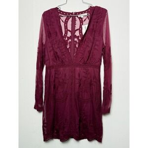 Honey Punch Womens Burgundy Lace Sheer Long Sleeve V Neck Mini Dress Size M